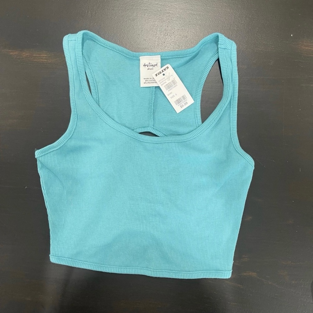 NWT Destined Blue Crop Open Back Top Sz Small
